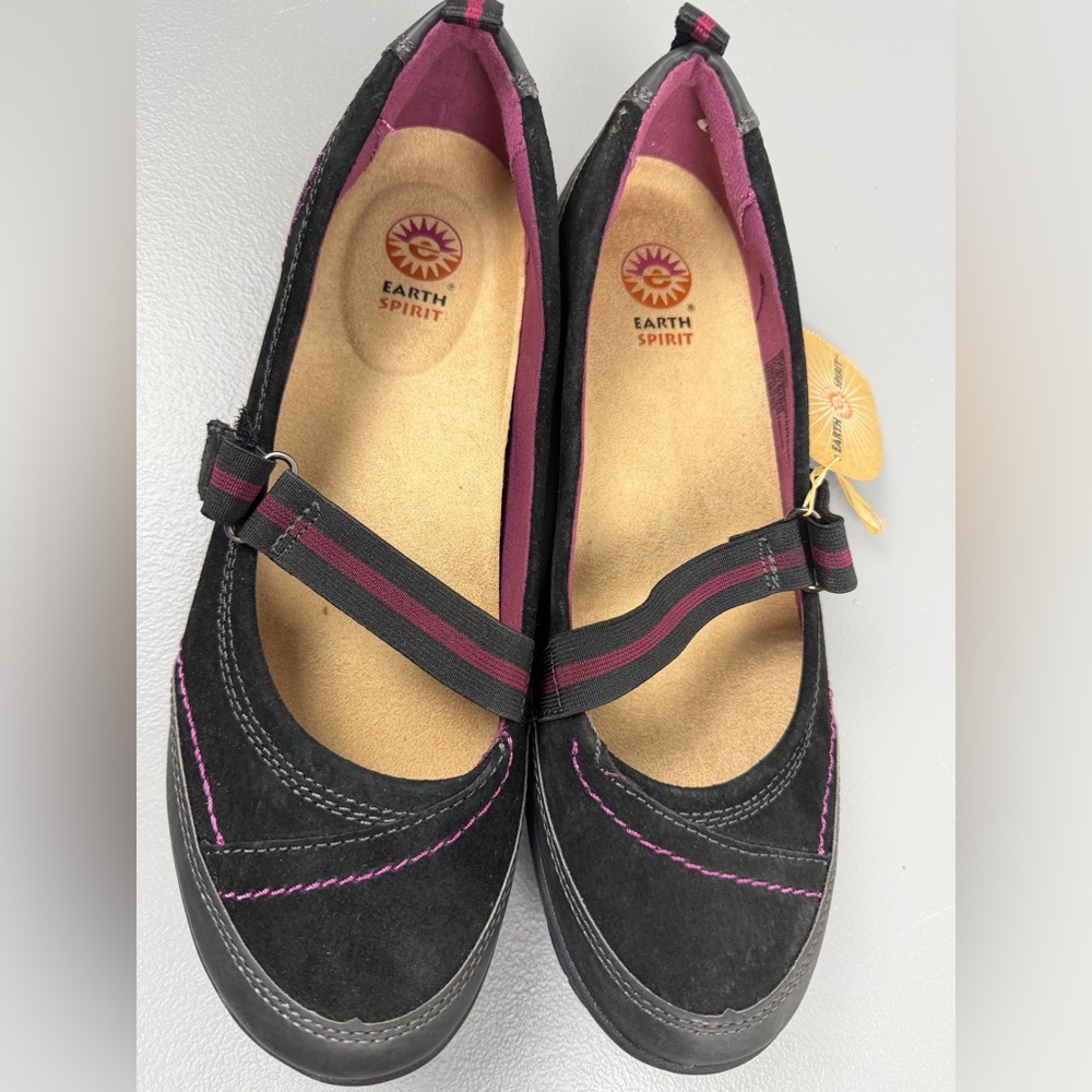 Earth Spirit Bobi Mary Jane Flats Casual Shoes Black Leather Suede Womens Sz 10 - Picture 4 of 5